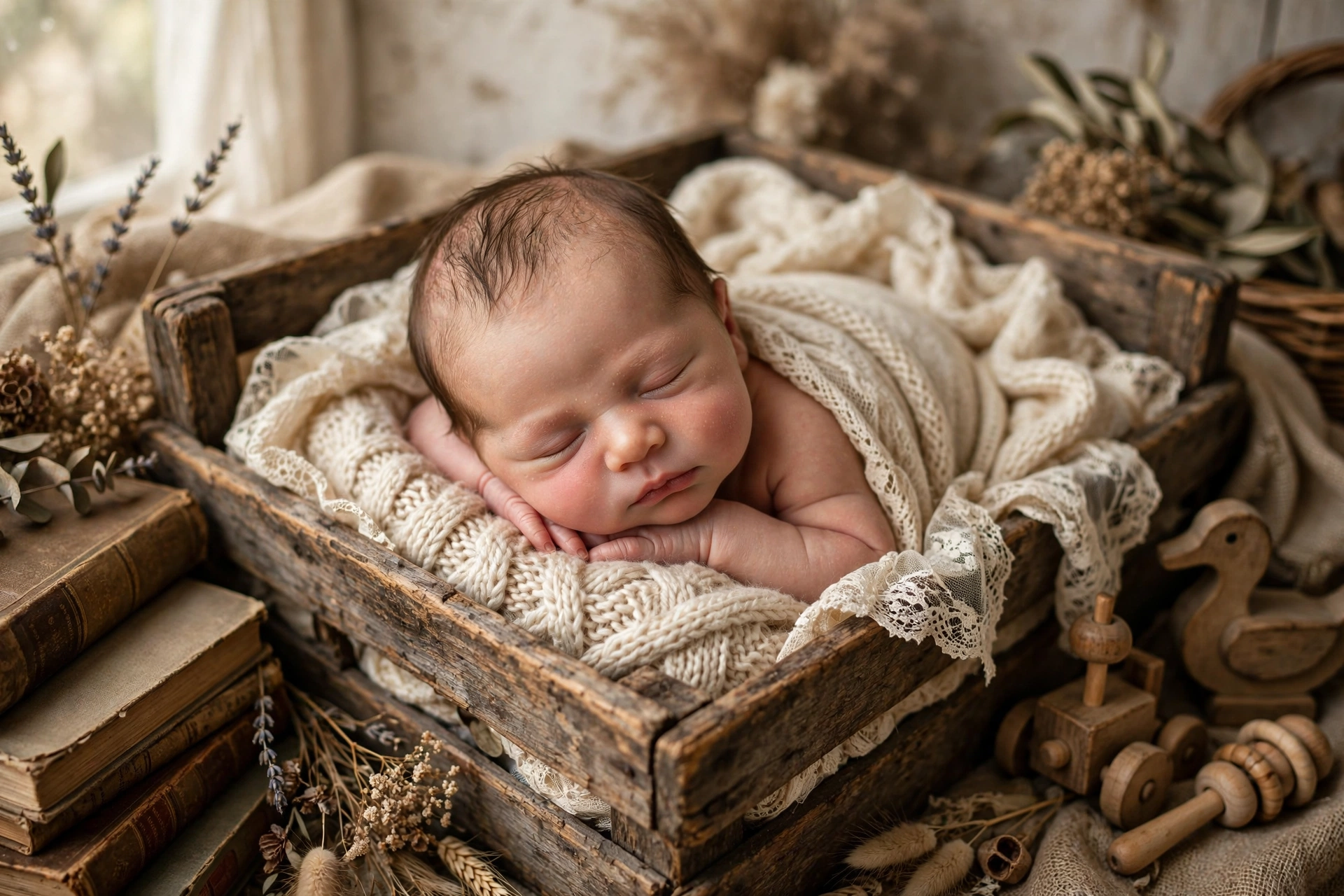 Generate a rustic vintage newborn portrait using [BABY\'S PHOTO], accurately pre — Meta AI AI Image Prompt