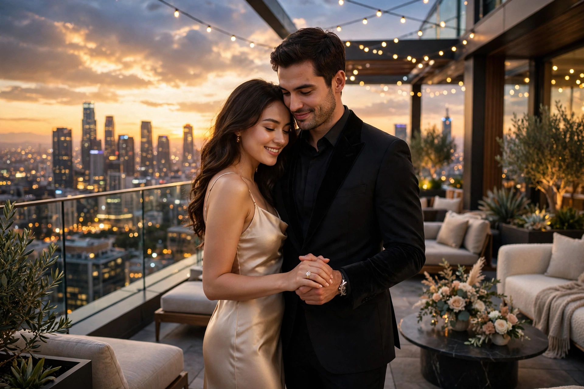 Generate a luxury rooftop engagement portrait using [UPLOAD PERSON 1 PHOTO] and  — Meta AI AI Prompt