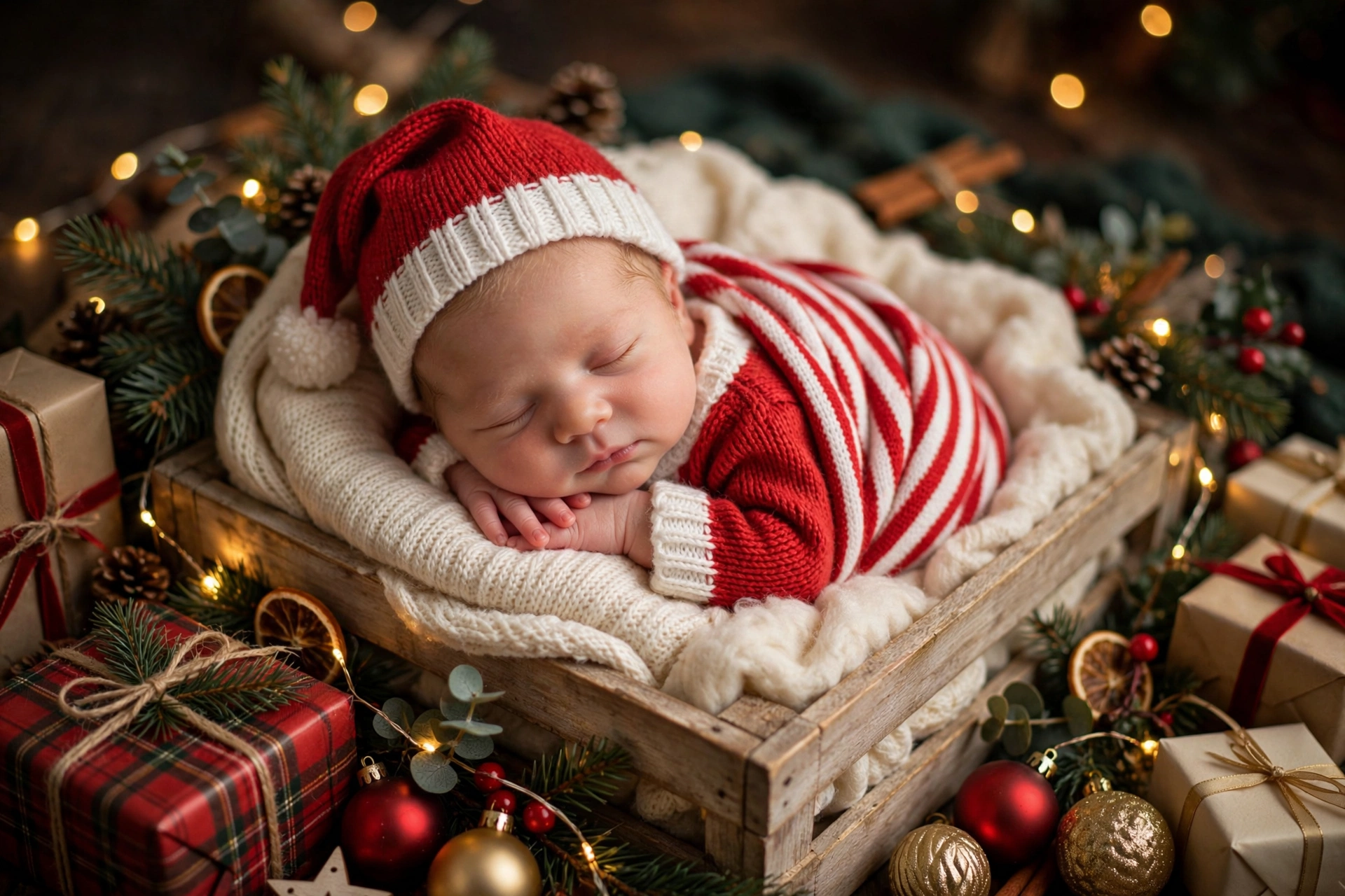 Create a magical Christmas newborn portrait using [BABY\'S PHOTO], preserving th — Meta AI AI Image Prompt
