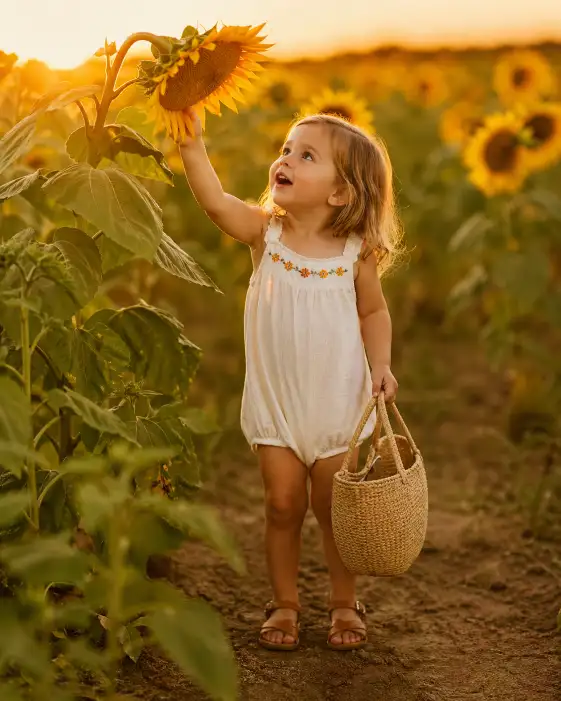 Create a heartwarming photo of a 3-year-old toddler standing in a tall sunflower — DALL-E AI Prompt