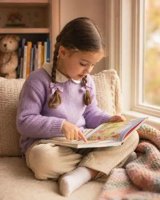 Create a warm indoor portrait of a 5-year-old girl sitting cross-legged in a coz — DALL-E AI Prompt