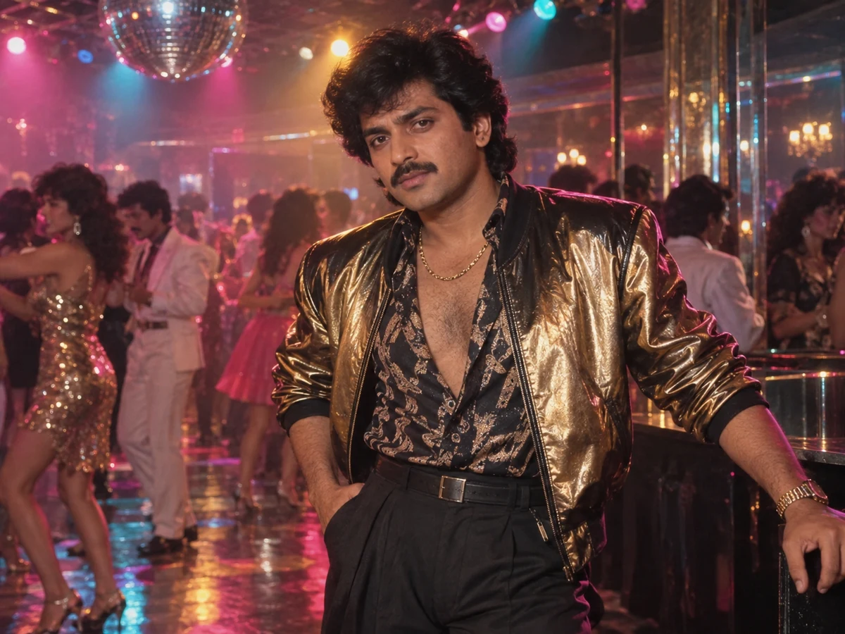 Reimagine my uploaded photo as a glamorous 1980s disco film still. Preserve my f — Ideogram AI Image Prompt