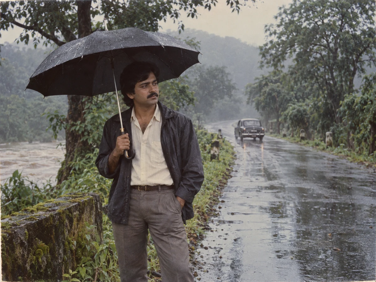 Transform my uploaded photo into an authentic 1980s monsoon road portrait. Prese — DALL-E AI Image Prompt