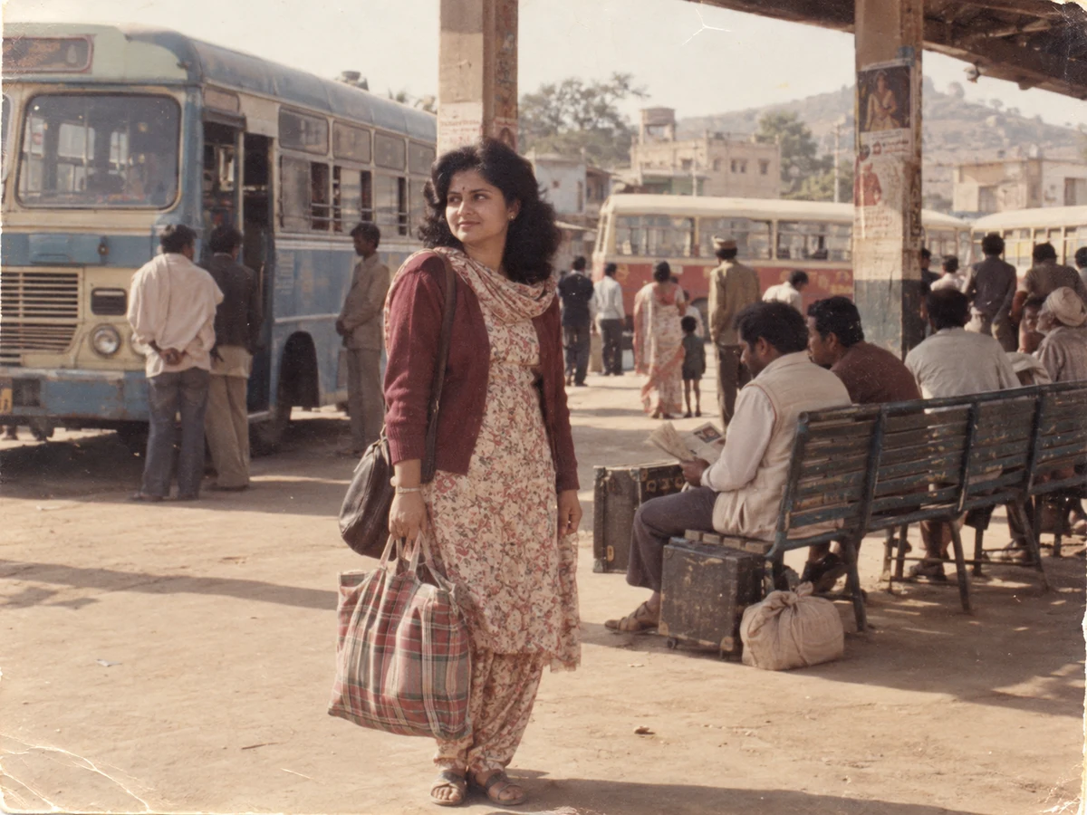 Turn my uploaded photo into a nostalgic 1980s small-town bus stand photograph. P — DALL-E AI Image Prompt