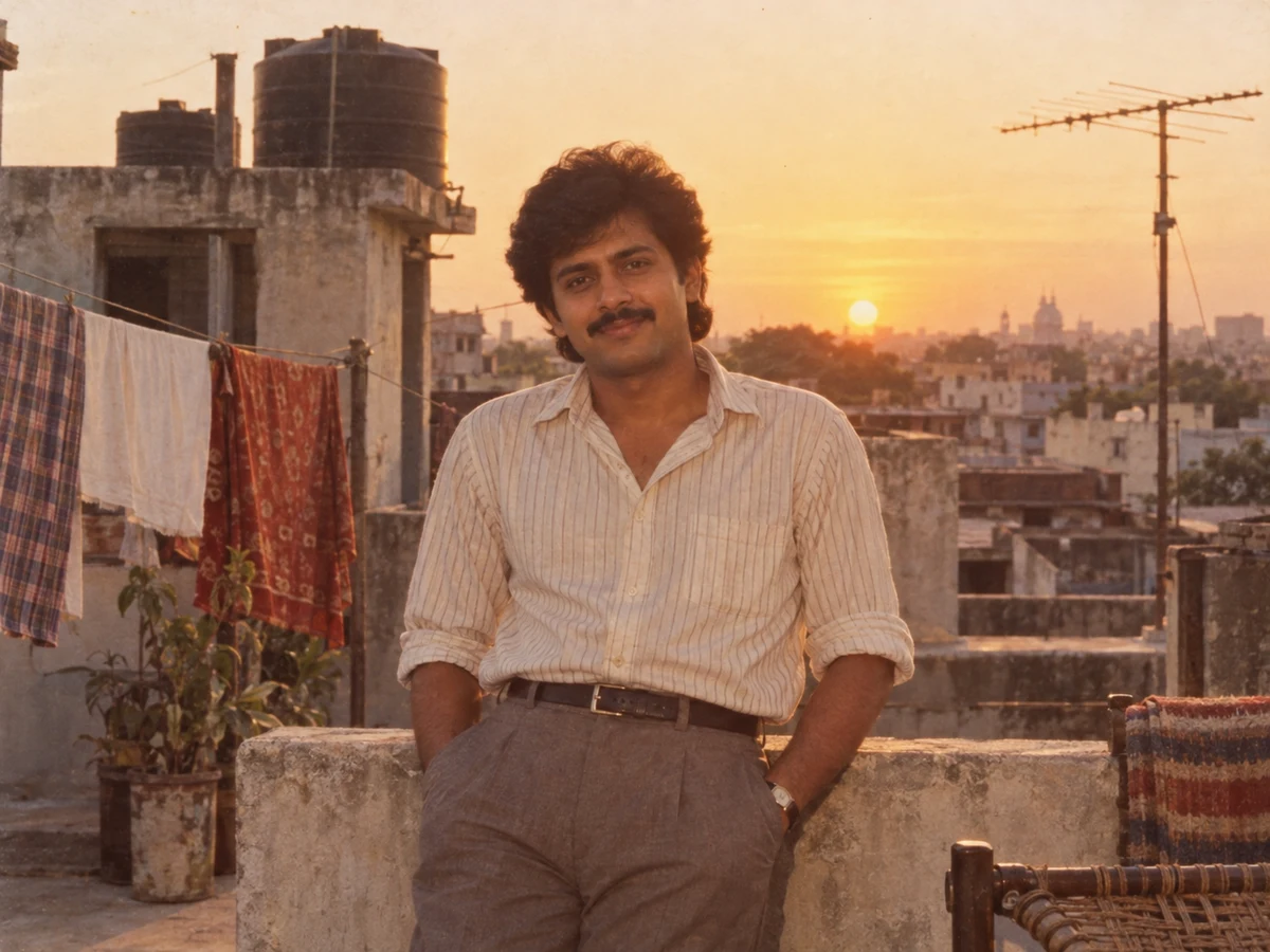 Turn my uploaded photo into a nostalgic 1980s rooftop portrait during golden hou — DALL-E AI Image Prompt