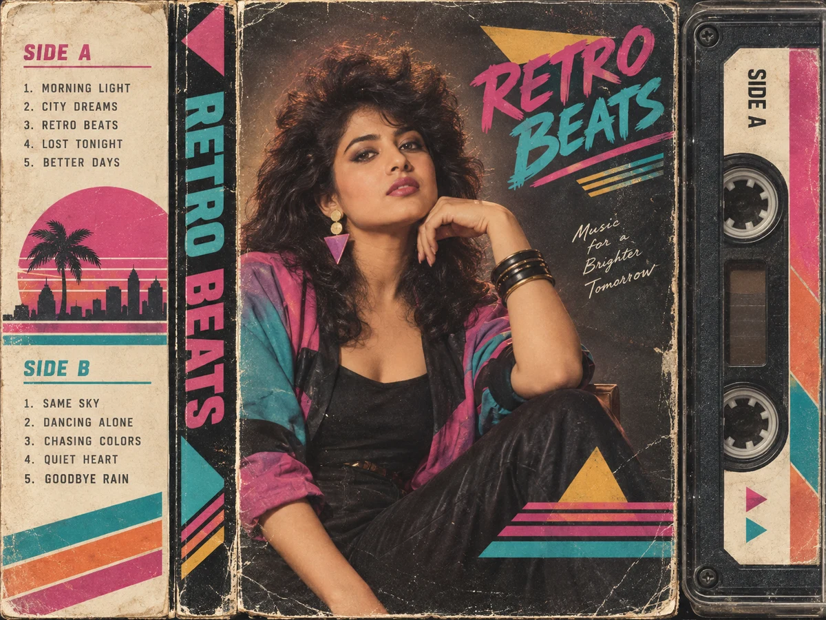Convert my uploaded photo into a fictional 1980s music cassette cover. Keep my f — DALL-E AI Image Prompt