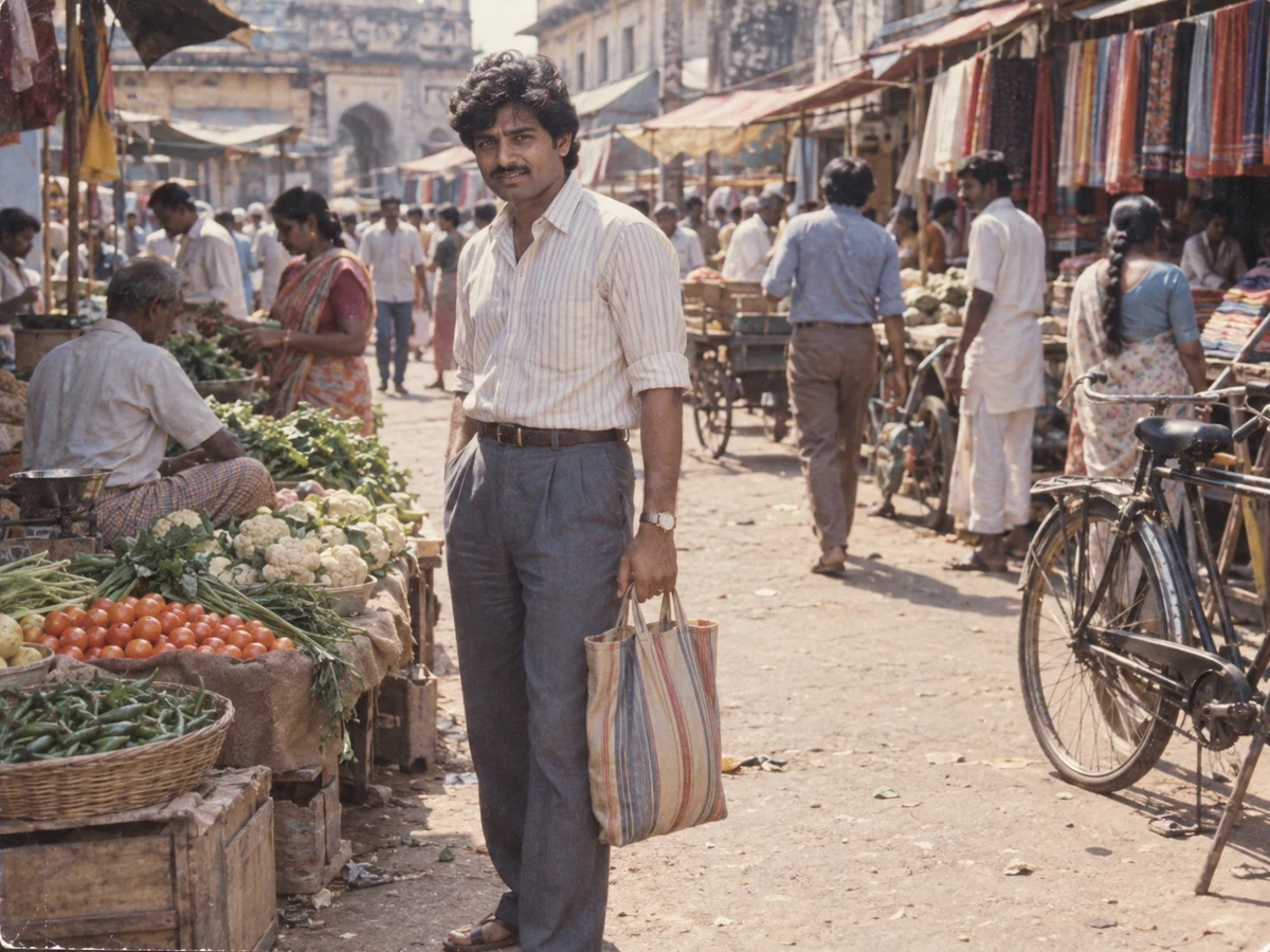Transform my uploaded photo into a candid 1980s market-day photograph. Keep my f — DALL-E AI Image Prompt