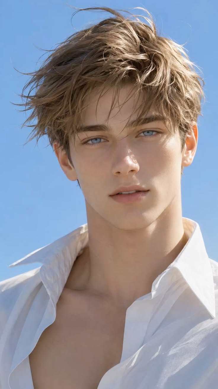 beauty portrait of a young handsome man, tousled messy windblown light brown hai — Google Gemini AI Image Prompt