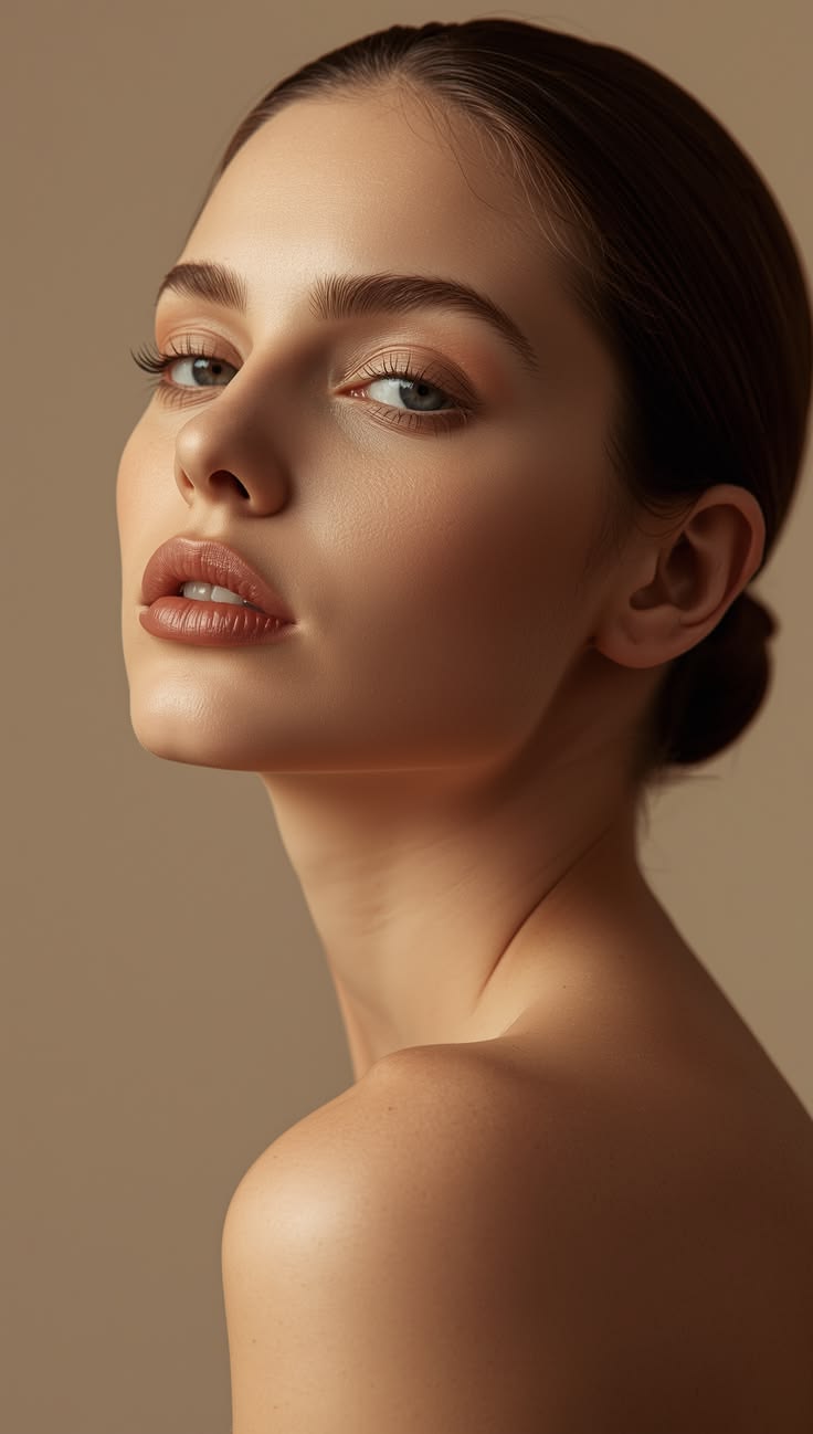 beauty portrait of a young woman, close-up 3/4 profile, sleek low bun hairstyle, — Google Gemini AI Image Prompt