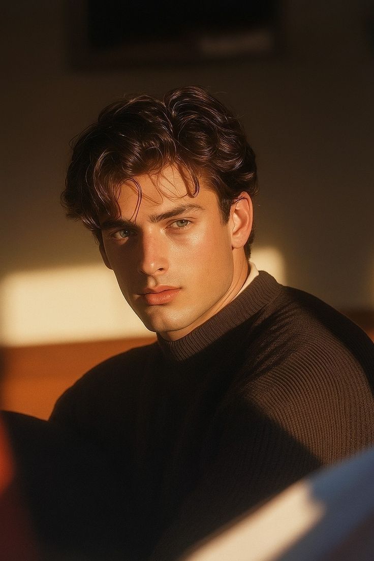 portrait of a young handsome man in warm golden hour light, wavy dark brown hair — Google Gemini AI Image Prompt
