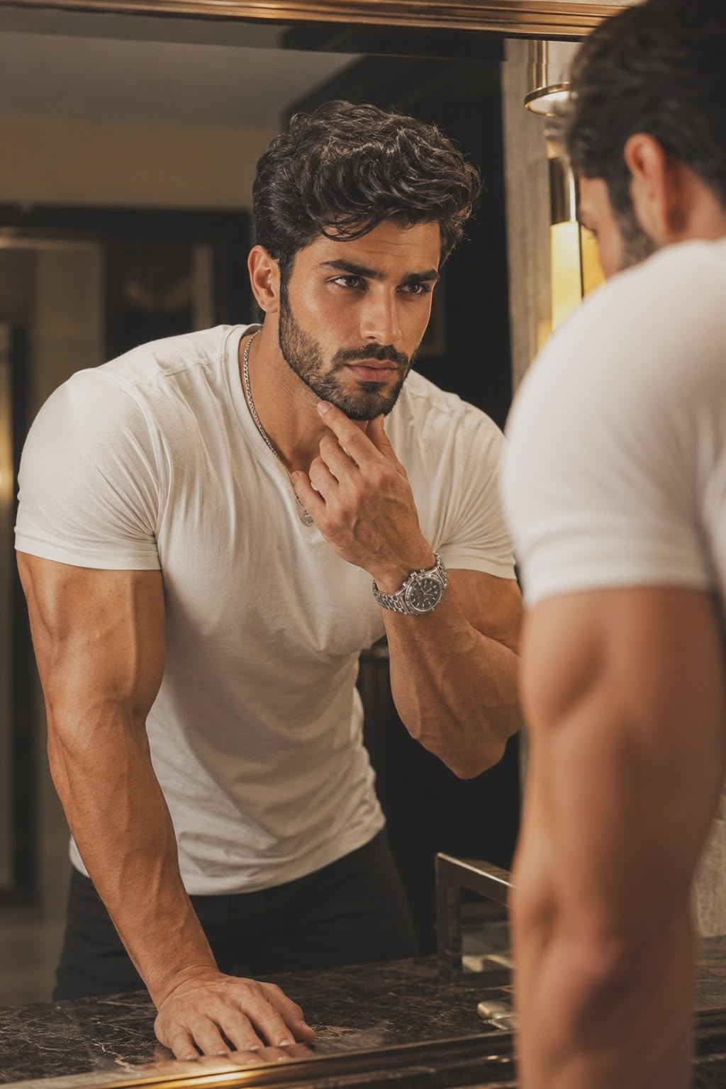 ultra photorealistic cinematic luxury bathroom mirror reflection portrait of a y — Google Gemini AI Prompt