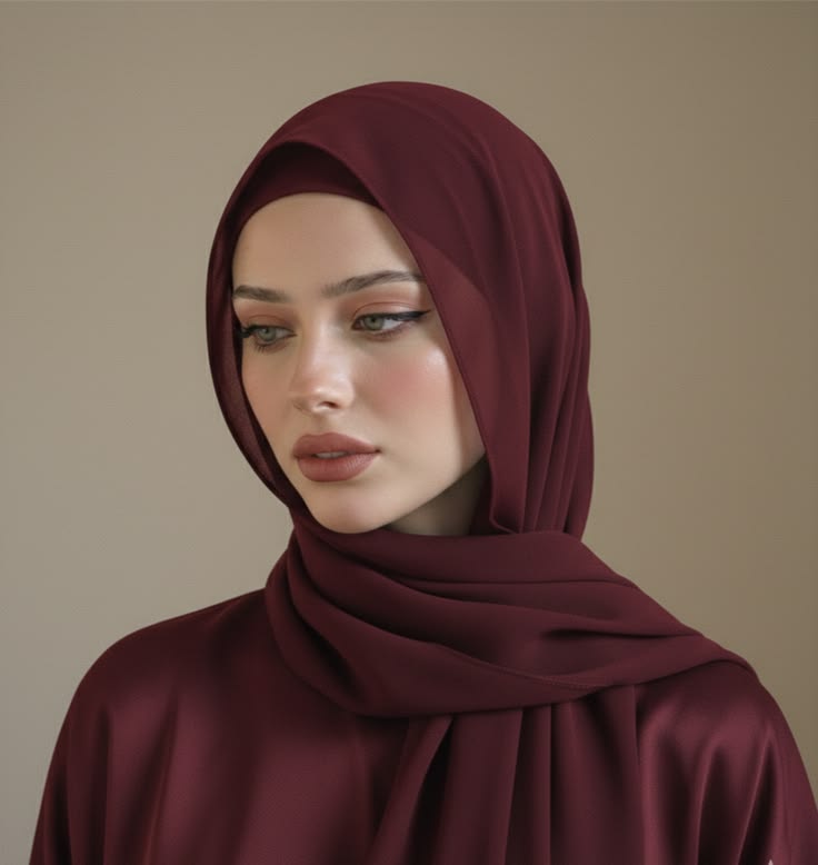 beauty portrait of a young woman wearing elegant burgundy hijab and matching sat — Google Gemini AI Image Prompt