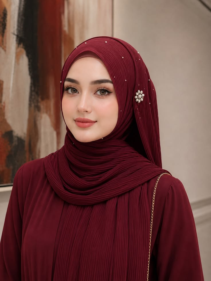 beauty portrait of a young woman wearing elegant burgundy pleated chiffon hijab  — Google Gemini AI Image Prompt