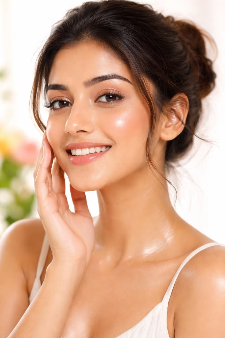 beauty portrait of a young Indian woman, smiling with hand gently touching cheek — Google Gemini AI Image Prompt