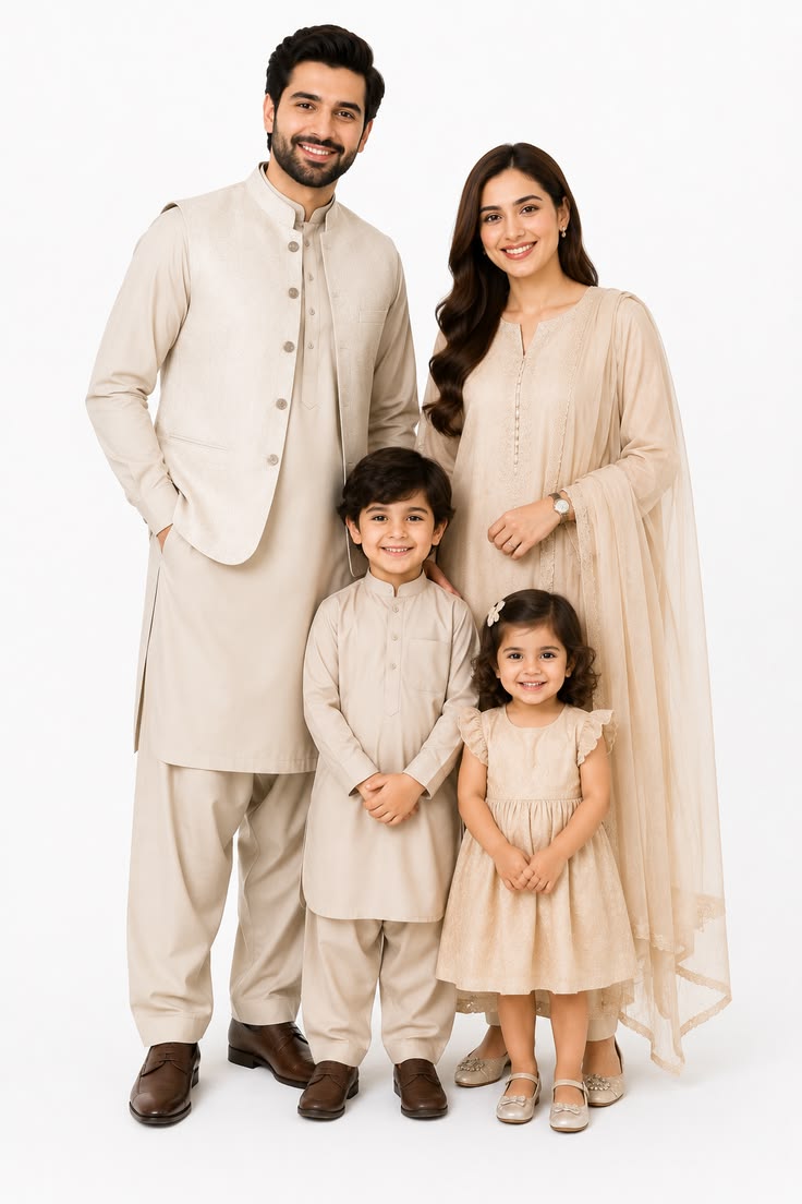 Create an ultra-realistic 8K studio family portrait of a happy South Asian famil — Google Gemini AI Image Prompt