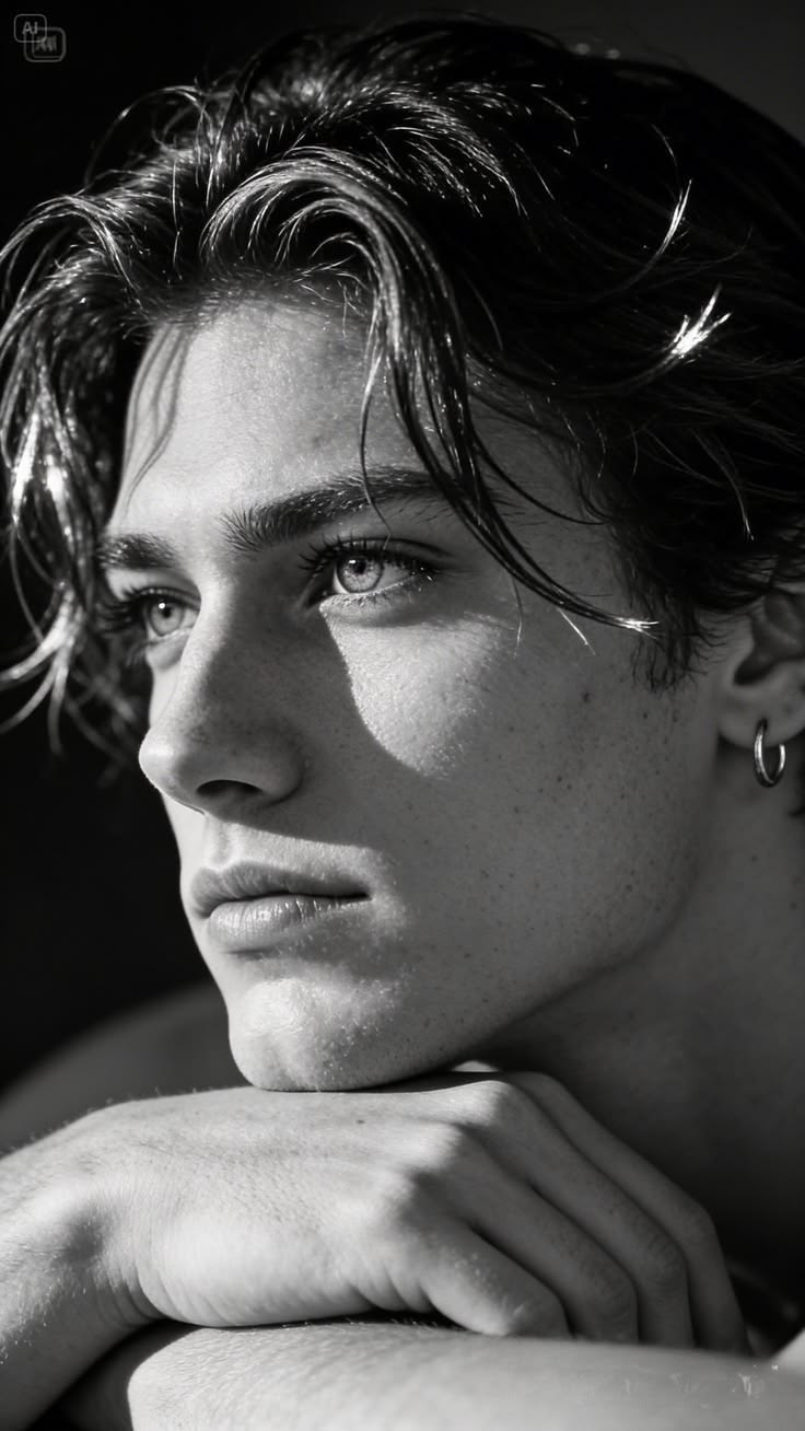 black and white portrait of a young handsome man, chin resting on crossed hands, — Google Gemini AI Image Prompt