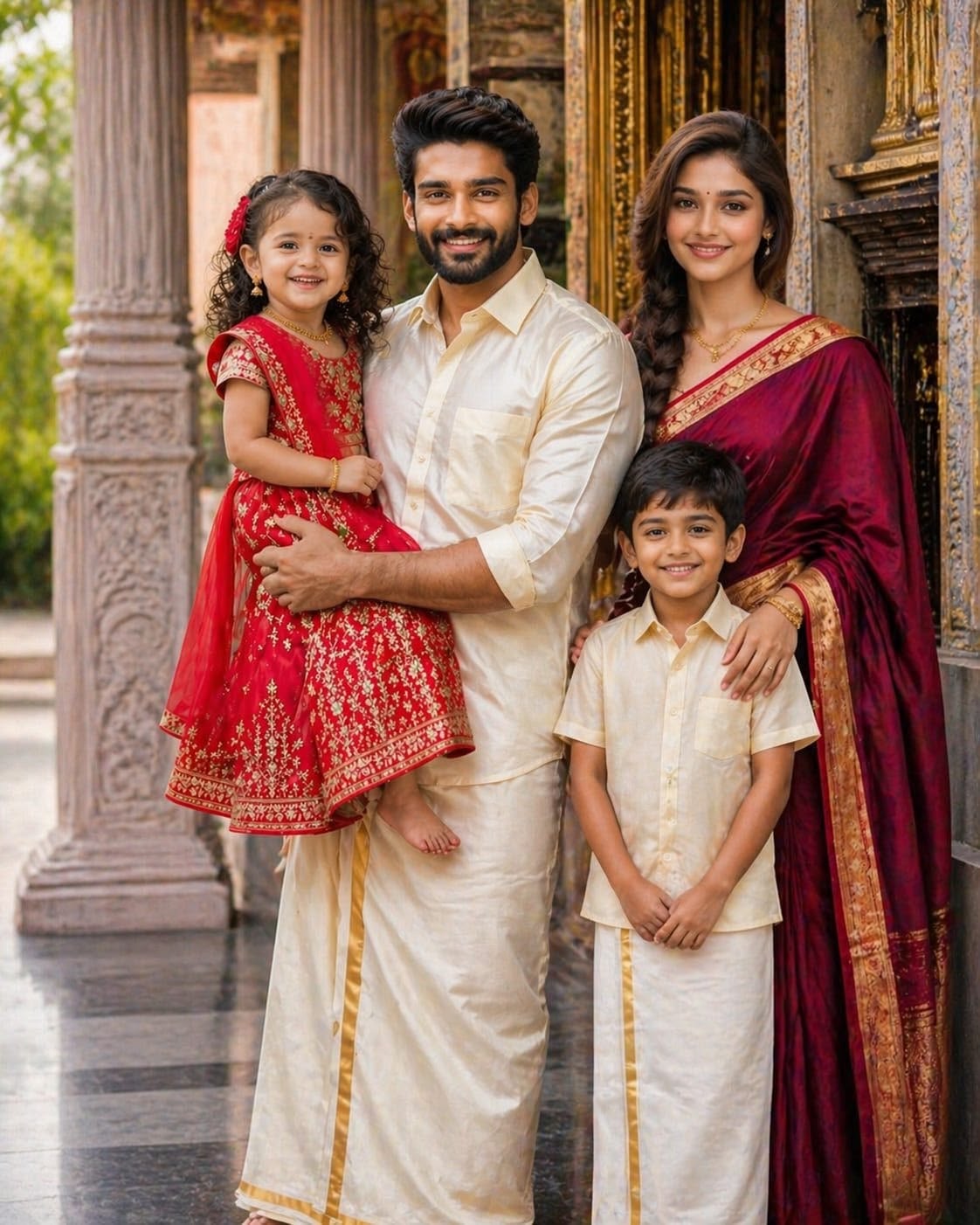 ultra photorealistic happy South Indian family portrait of four people in tradit — Google Gemini AI Prompt