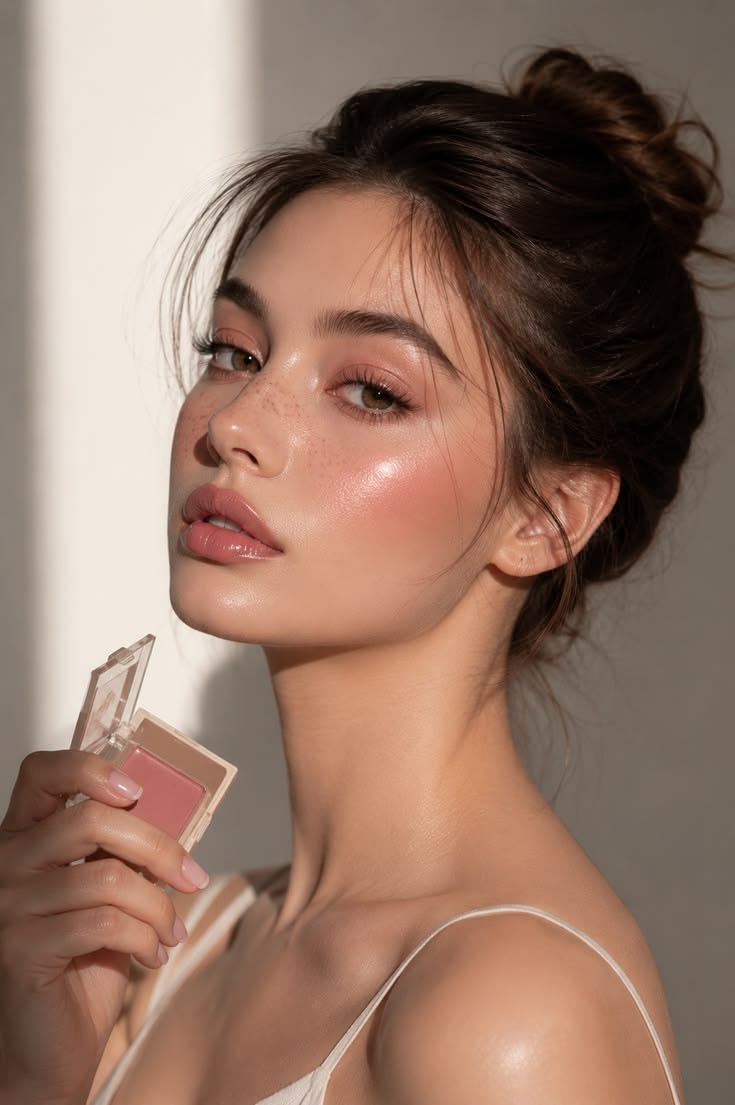 beauty portrait of a young woman holding small pink blush compact near chin, mes — Google Gemini AI Image Prompt