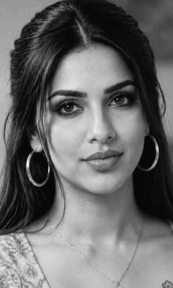 black and white ultra-detailed beauty headshot, young Indian woman with long str — Google Gemini AI Image Prompt