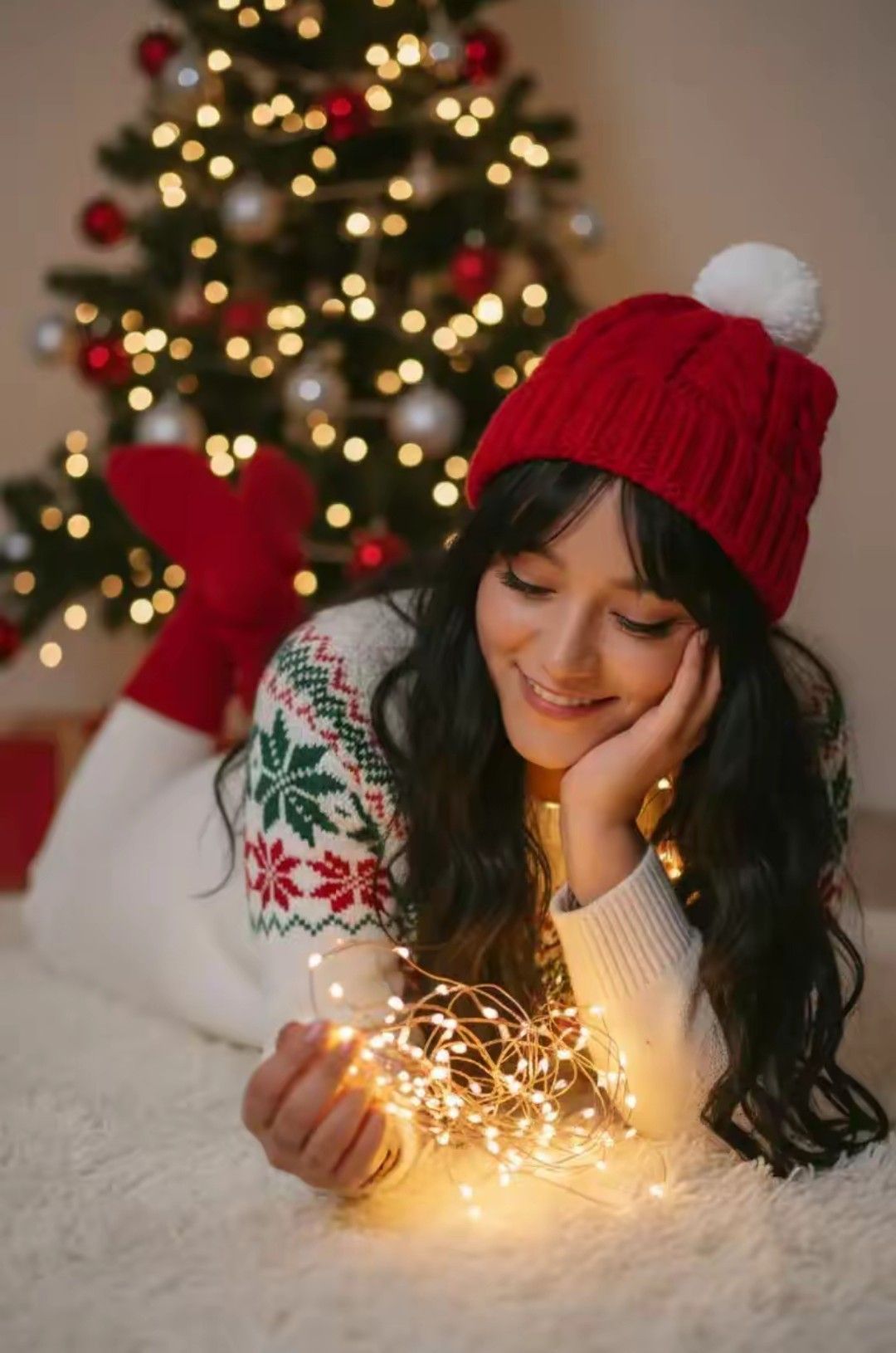 Hyper-realistic, 8k UHD, cinematic cozy portrait of a beautiful young woman lyin — Google Gemini AI Image Prompt