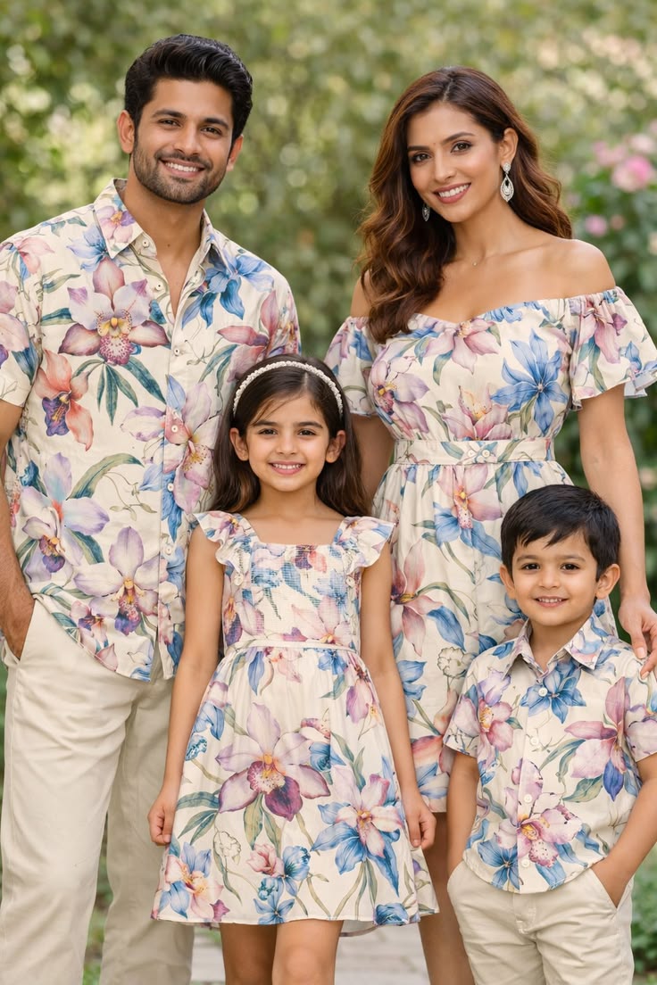 ultra photorealistic happy family portrait of four people standing together outd — Google Gemini AI Image Prompt