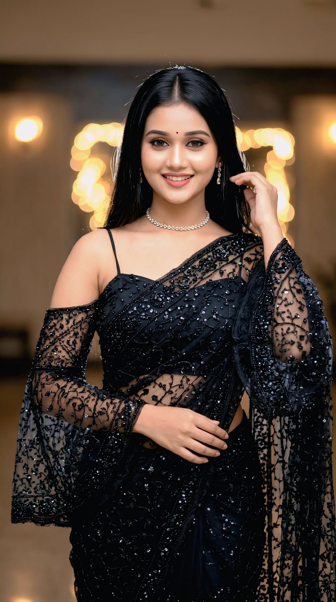 photorealistic portrait of a smiling Indian woman wearing a heavily embellished  — Google Gemini AI Image Prompt