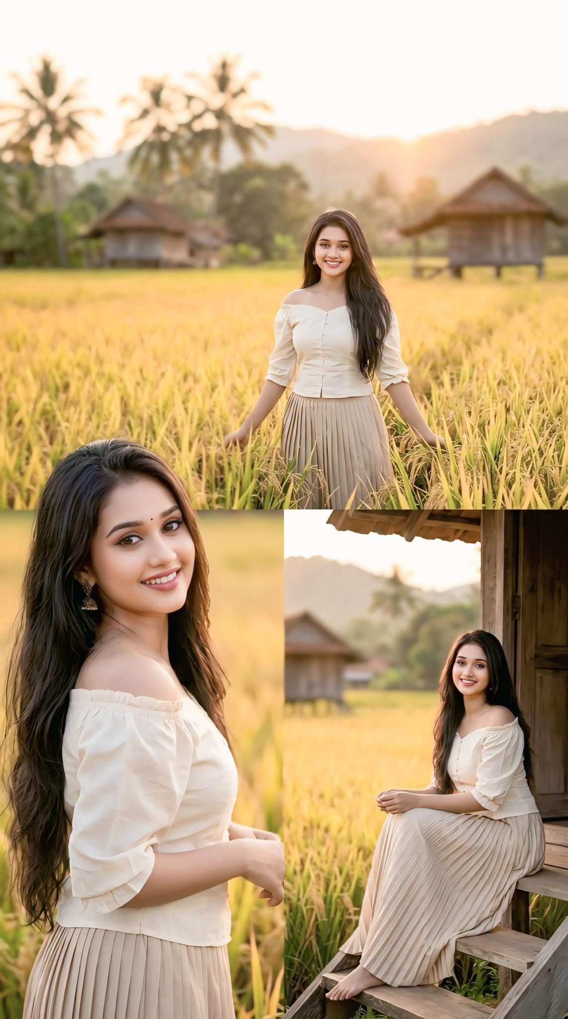 A triple-pose photo montage of a smiling South Asian woman with long dark hair i — Google Gemini AI Image Prompt