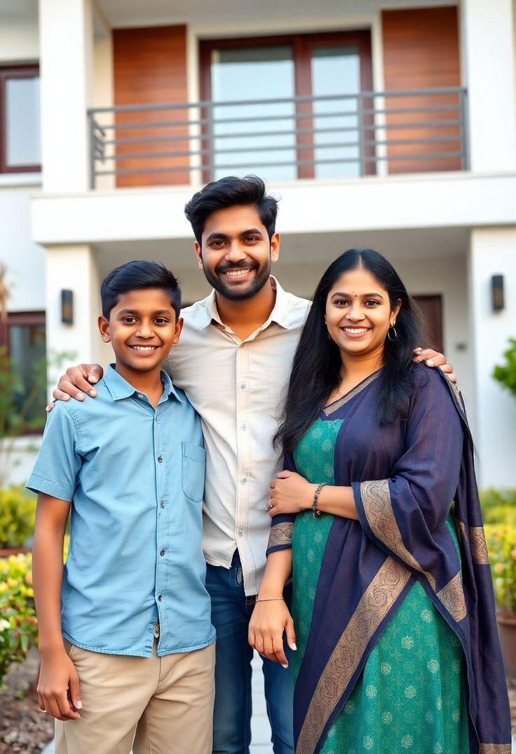 ultra photorealistic happy Indian family portrait of three people standing close — Google Gemini AI Prompt