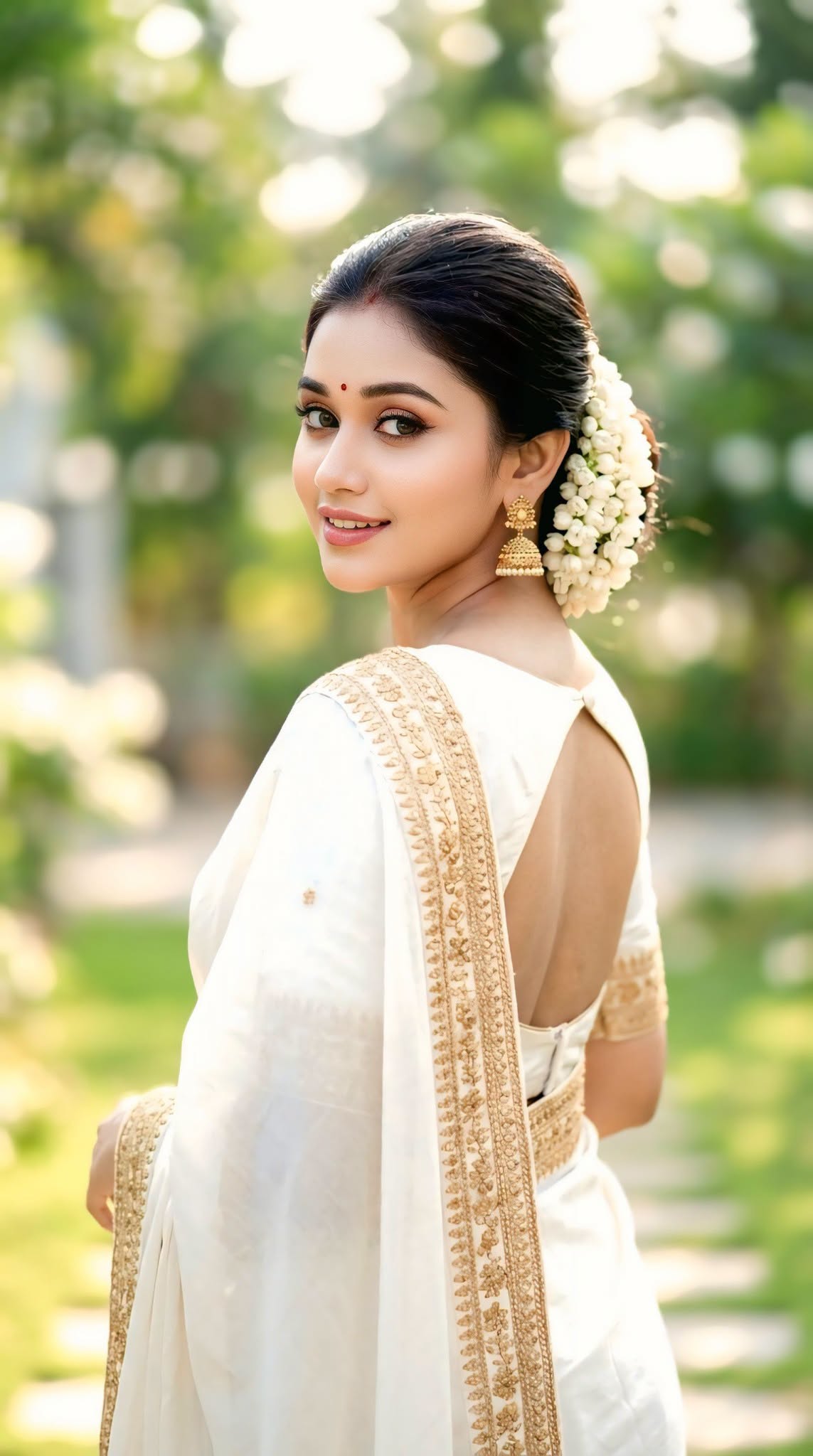 Ultra-realistic Indian woman in an elegant white saree with golden embroidered b — Google Gemini AI Image Prompt
