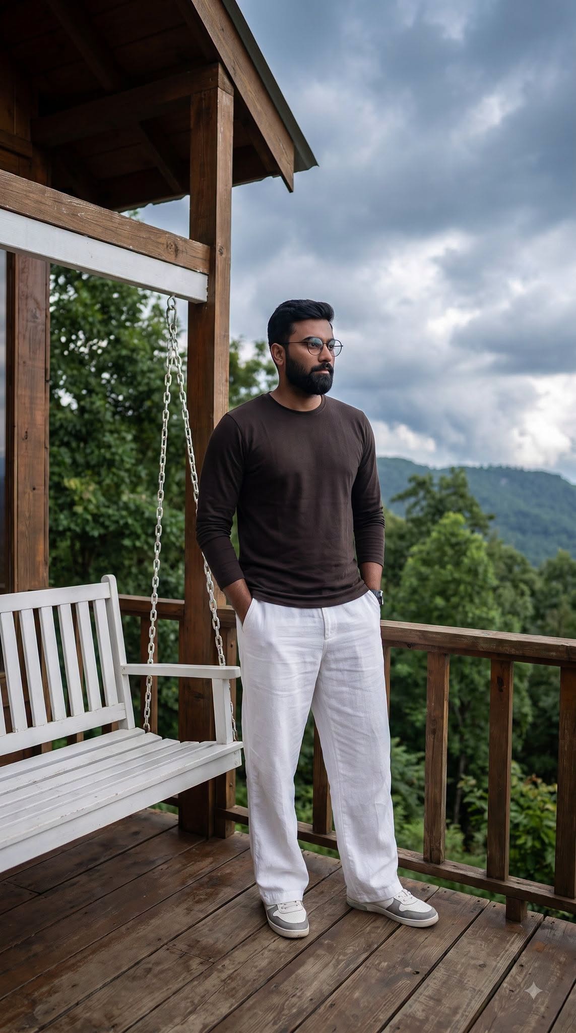Realistic cinematic 4K portrait of a young South Asian man with glasses on a rus — Google Gemini AI Image Prompt
