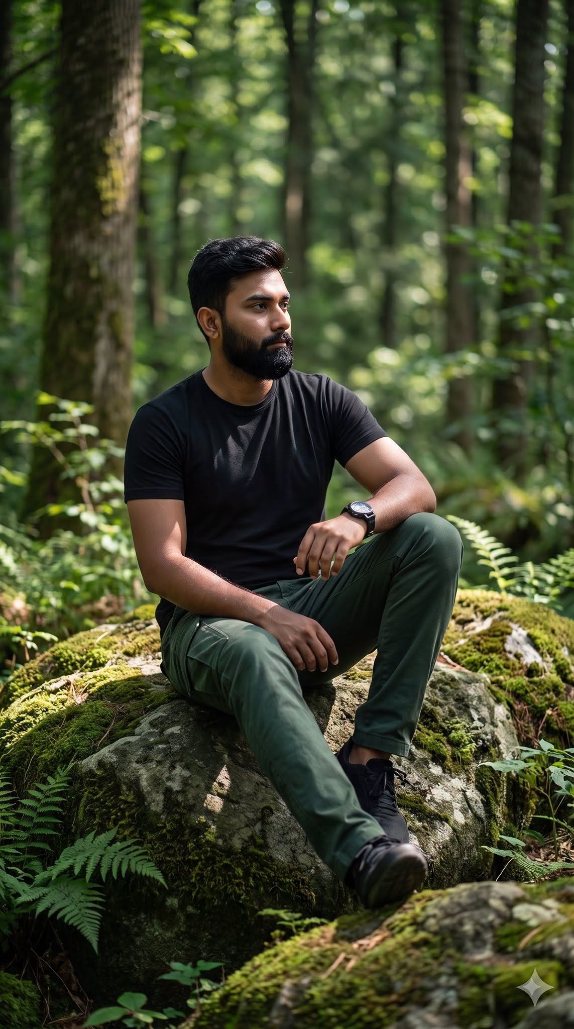 Create an ultra-realistic cinematic outdoor portrait of a young man sitting casu — Google Gemini AI Image Prompt
