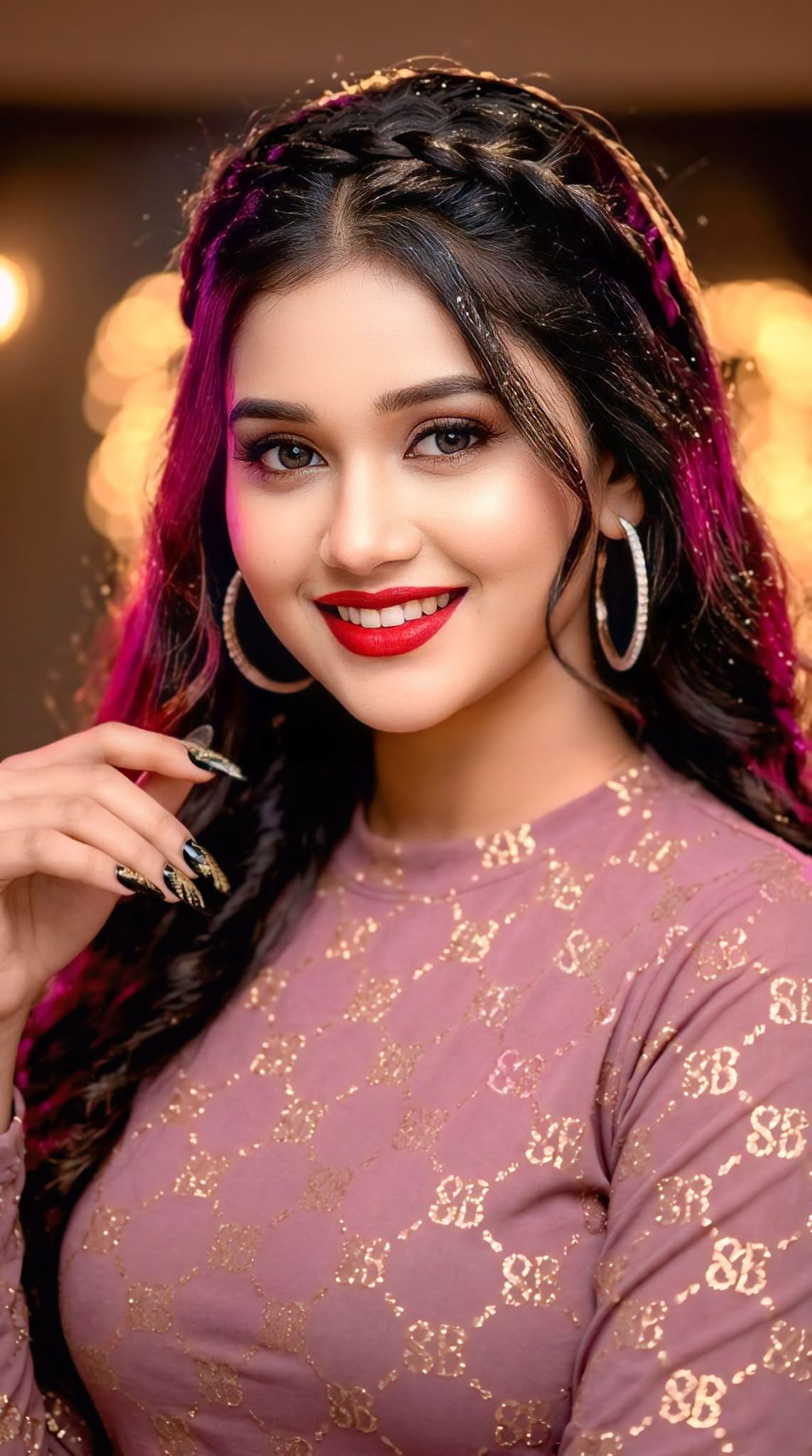 Glamorous portrait close-up of a smiling South Asian woman. Her dark, wavy hair  — Google Gemini AI Image Prompt