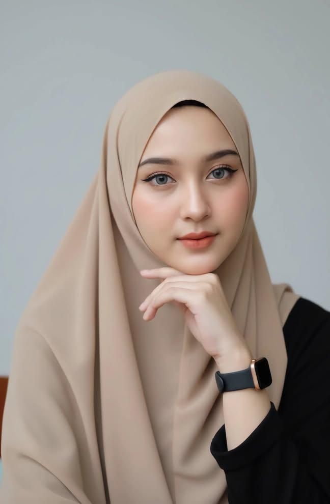 beauty portrait of a young woman wearing soft beige nude chiffon hijab draped sm — Google Gemini AI Image Prompt