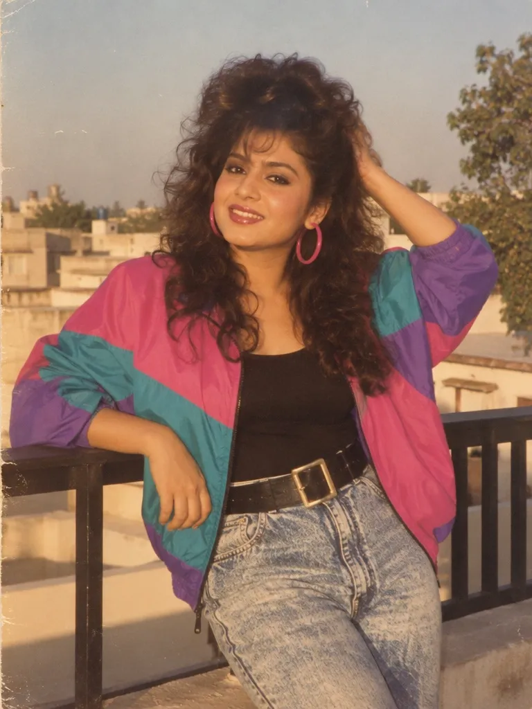 Turn this woman into a 1986 Indian terrace portrait. Big teased curly hair with  — DALL-E AI Image Prompt