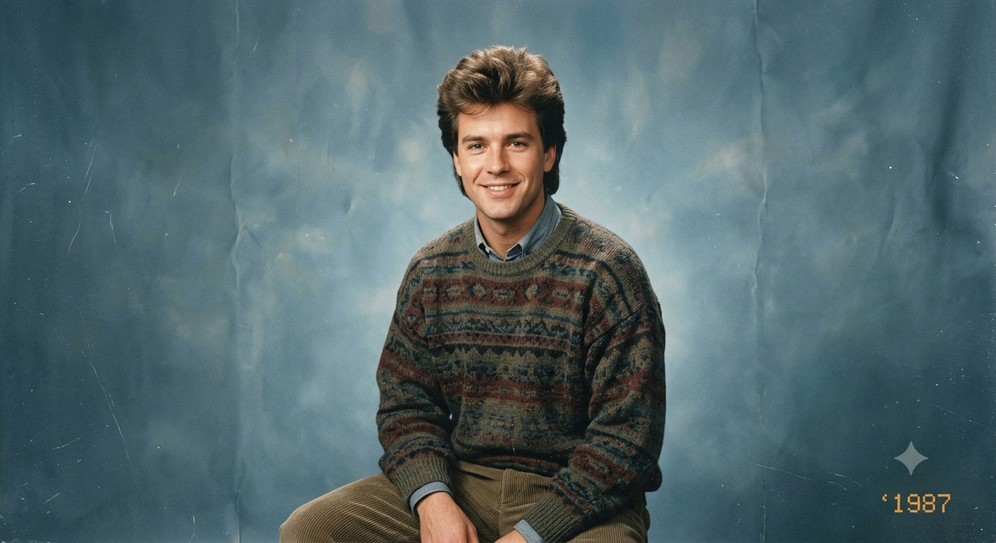 Transform my uploaded photo into a classic 1980s studio portrait. Keep my facial — Google Gemini AI Image Prompt