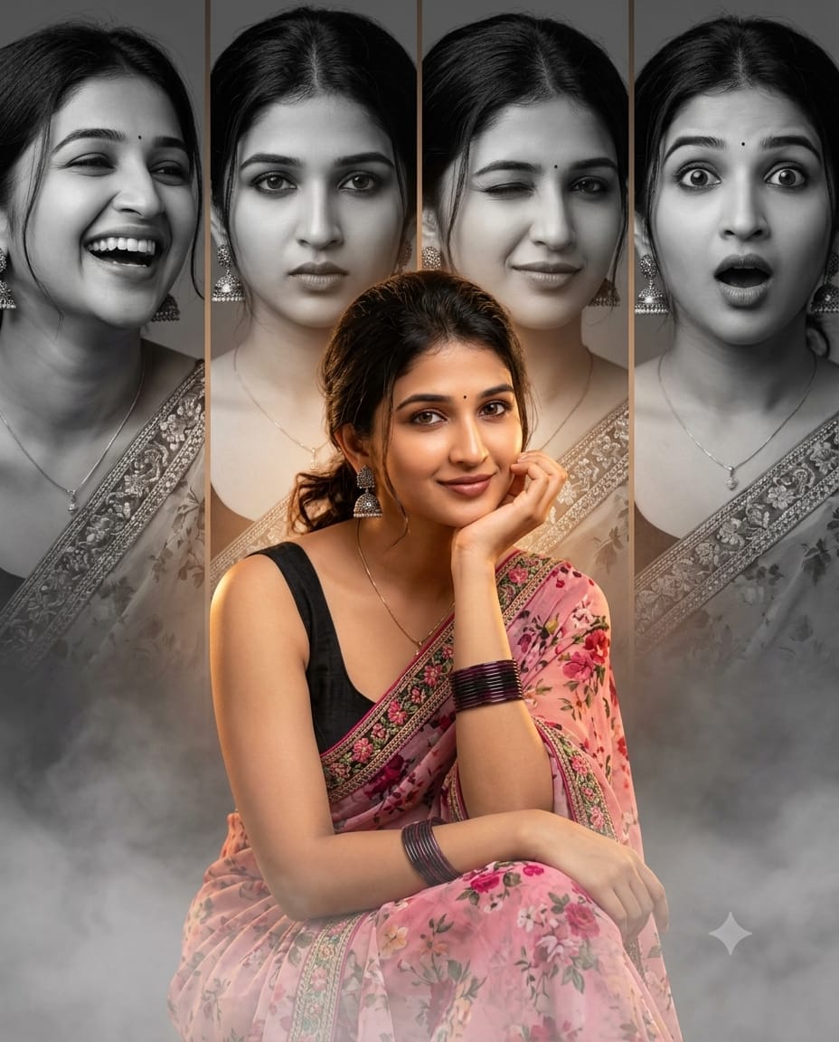 A poster composite featuring a young South Asian woman using the reference face. — Google Gemini AI Image Prompt