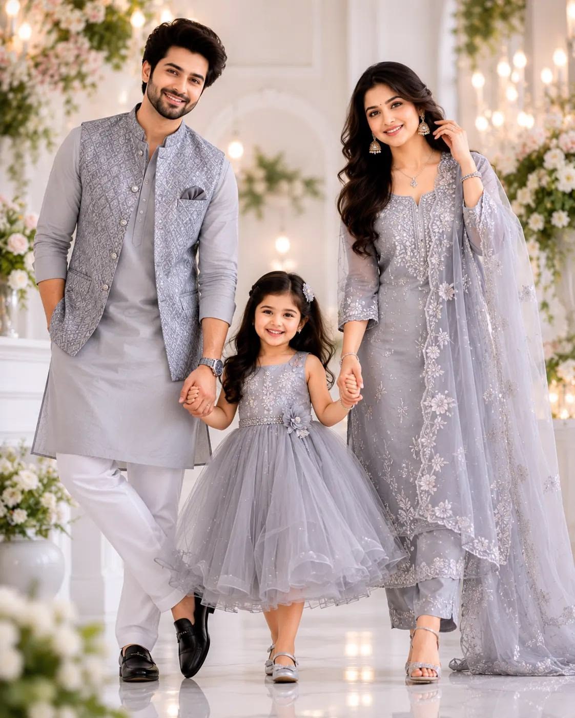 Create an ultra-realistic 8K high fashion family portrait of a happy South Asian — Google Gemini AI Image Prompt