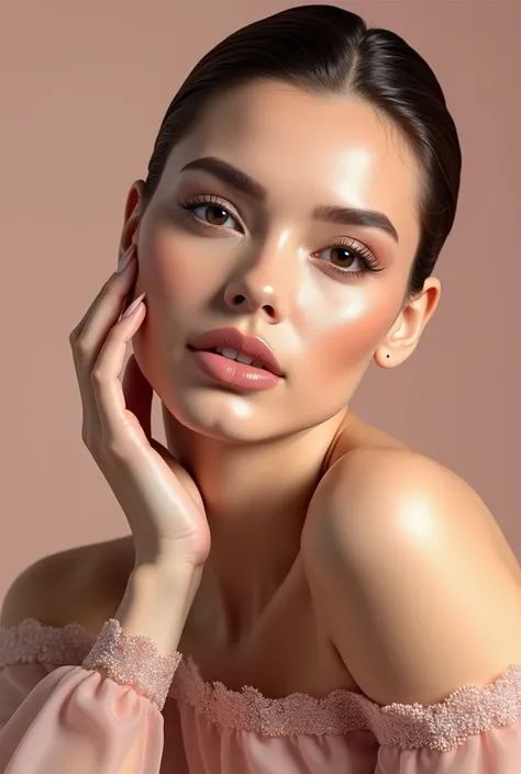 beauty portrait of a young woman, sleek slicked back low ponytail, hand gently t — Google Gemini AI Image Prompt