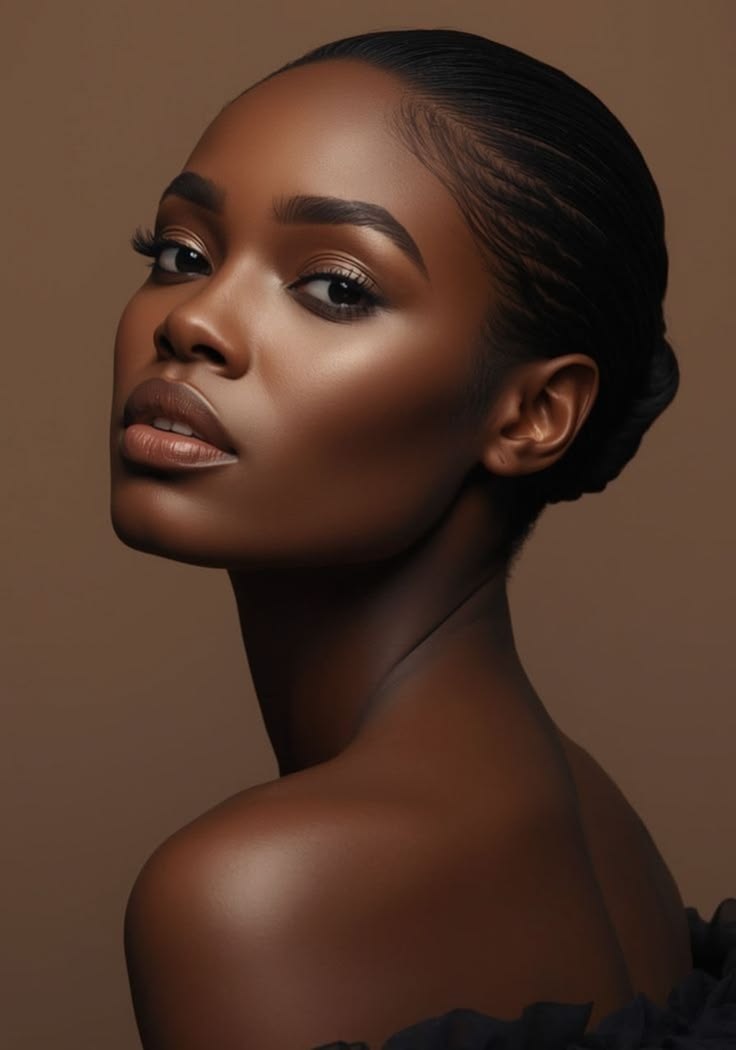 beauty portrait of a dark skin Black woman, 3/4 profile looking over shoulder, s — Google Gemini AI Image Prompt