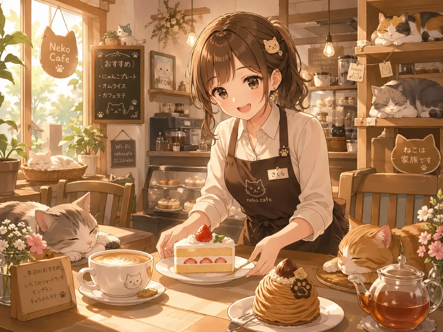 A cozy anime illustration of a cheerful girl working in a cat café, sleepy cats  — Meta AI AI Image Prompt