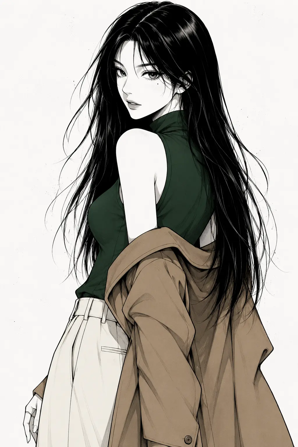 High-quality manga illustration of a strikingly beautiful young woman with long, — DALL-E AI Image Prompt