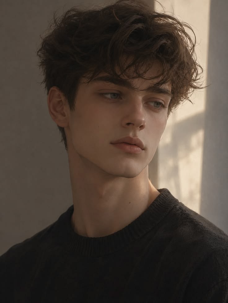 portrait of a young handsome man with tousled curly dark brown hair falling over — Google Gemini AI Image Prompt