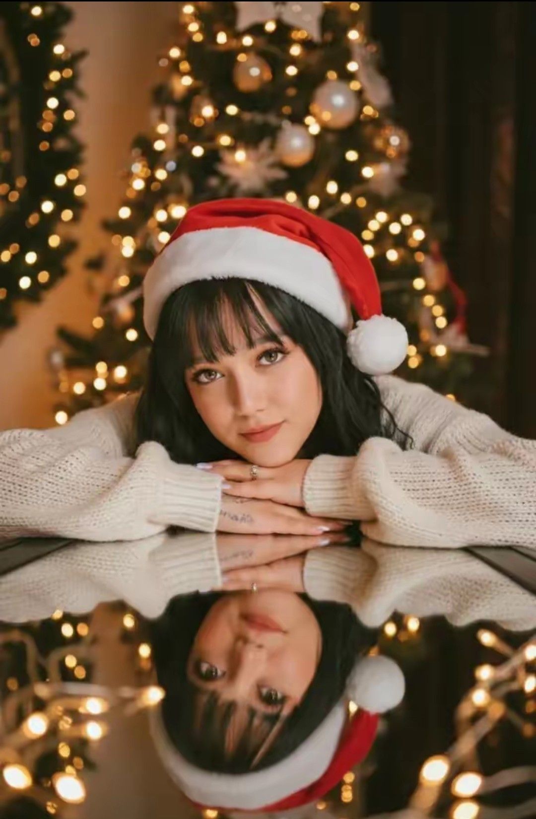 Hyper-realistic, 8k UHD, cinematic portrait of a young woman leaning over a refl — Google Gemini AI Image Prompt