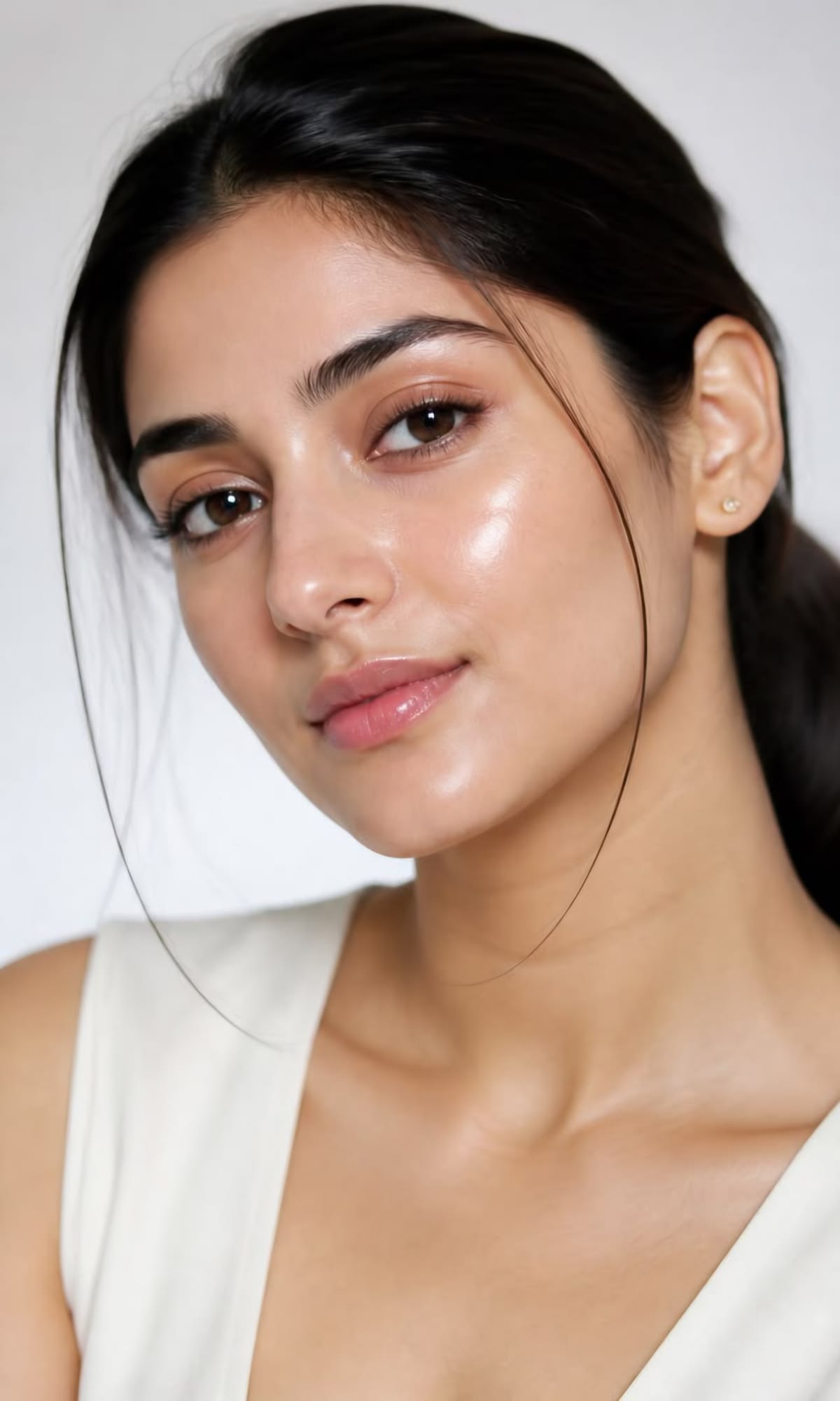 close-up beauty portrait of a young woman, sleek low ponytail with two thin loos — Google Gemini AI Image Prompt