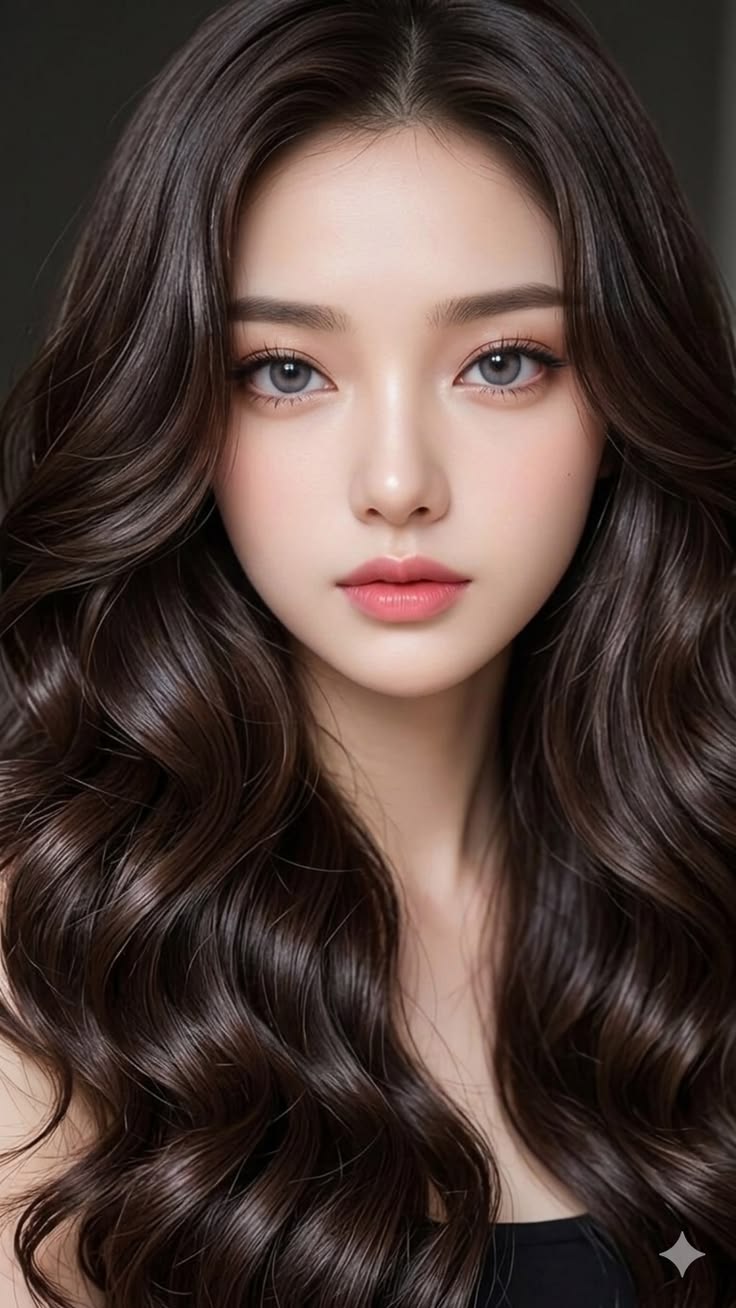 beauty portrait of a young woman, long voluminous dark brown wavy hair cascading — Google Gemini AI Image Prompt