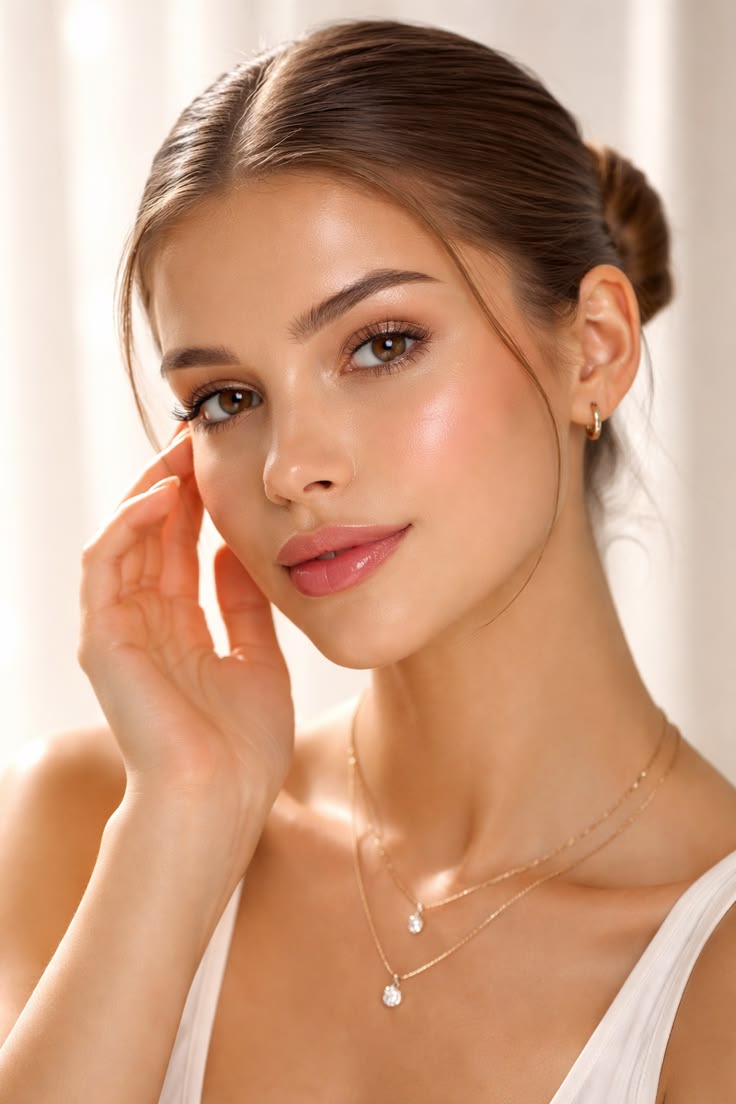 beauty portrait of a young woman, sleek low bun with two thin face-framing stran — Google Gemini AI Image Prompt
