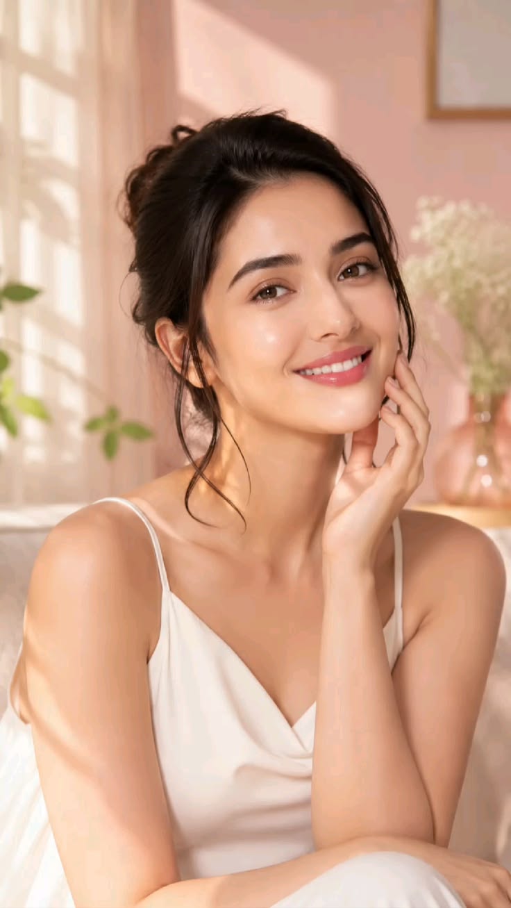 beauty portrait of a young Indian woman smiling, hand gently touching cheek, mes — Google Gemini AI Image Prompt