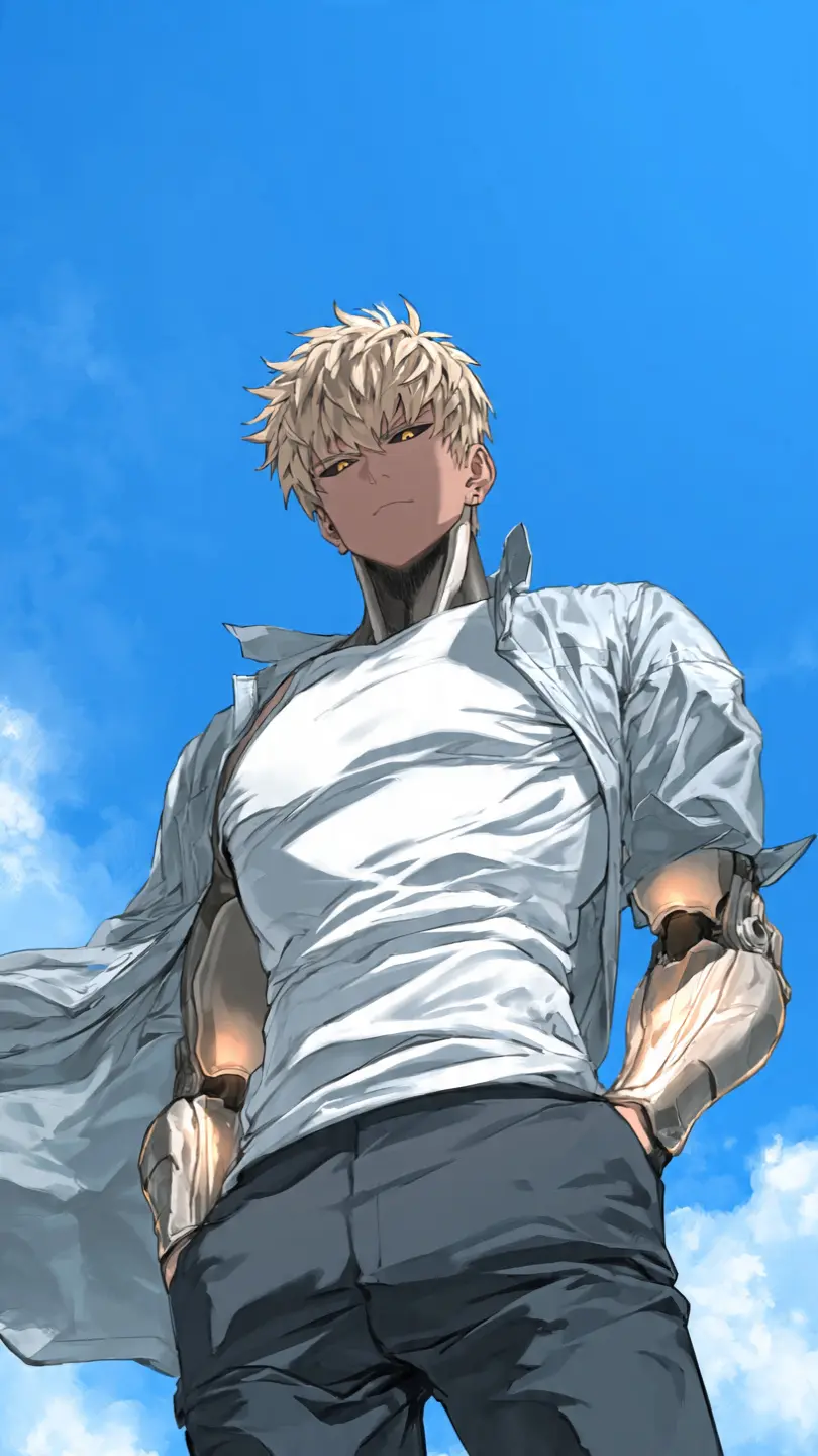 High-quality anime illustration of Genos from One Punch Man, upper body and full — DALL-E AI Image Prompt