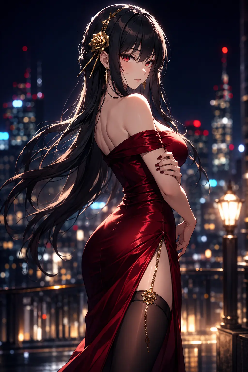 Elegant anime-style portrait of Yor Forger from Spy x Family, shown in a vertica — DALL-E AI Image Prompt