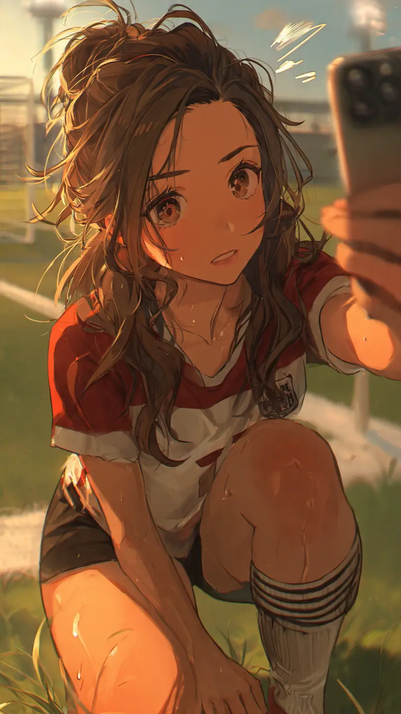 Anime-style illustration of a young woman taking a selfie on a soccer field, cro — DALL-E AI Image Prompt